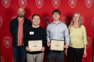Glushko Prize winners Zach Studdiford and Nick Tarantino pose with faculty mentors Tim Rogers and Martha Alibali
