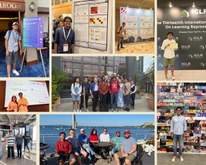 A collage of photos at conference/lab gatherings during Siddharth's PhD years